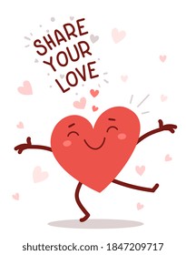 Romantic flat style Valentine's Day illustration to share feeling of love. Vector red cute happy heart character with arms spread wide and smile on white background with text