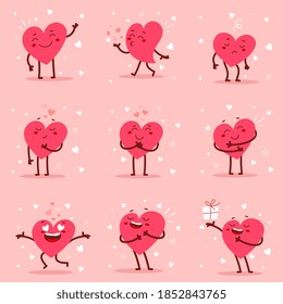 Romantic flat style Valentine's Day illustrations to express feelings of love. Vector set of red adorable heart character in different poses with happy emotion on pink background