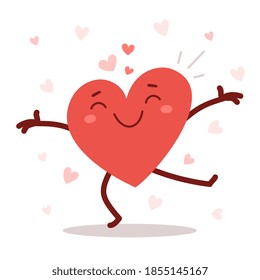 Romantic flat style Valentine's Day illustration to share feeling of love. Vector red cute happy heart character with arms spread wide and smile on white background