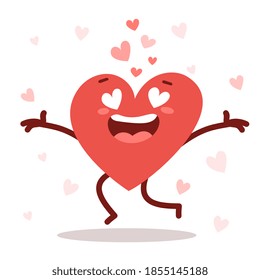 Romantic flat style Valentine's Day illustration to express feelings of love. Vector red cute happy heart character with smile and arms spread wide on white background