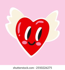 Romantic flat style Valentine's Day illustrations to express feelings of love. Love sticker. Heart cute cartoon character with wings