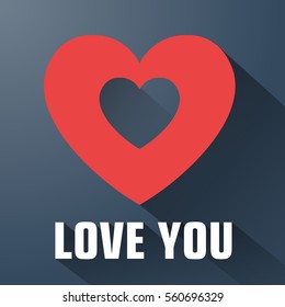 Romantic flat template with love confession red heart and long shadow on gray background isolated vector illustration