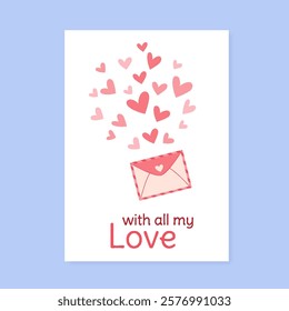 Romantic flat valentine heart postcard with love. Pink envelope holds heart greeting card, perfect for valentin celebrations. This graphic design suits social media posts, adding romantic style to