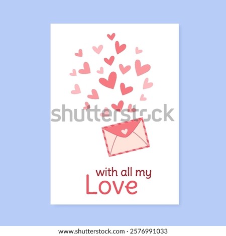 Romantic flat valentine heart postcard with love. Pink envelope holds heart greeting card, perfect for valentin celebrations. This graphic design suits social media posts, adding romantic style to