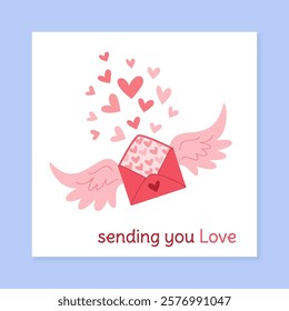 Romantic flat valentine postcard with love heart. Doodle envelope sends a greeting message of heartwarming affection. Perfect for social media posts and valentin celebrations.