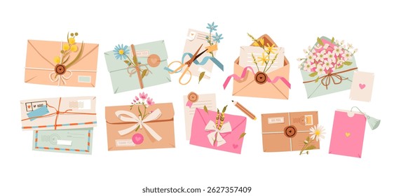 Romantic flat vector illustration of a decorative envelope with flowers and ribbon. Floral envelope with bouquet elements in soft pastel style. Greeting cards, invitations, or romantic mail concepts.