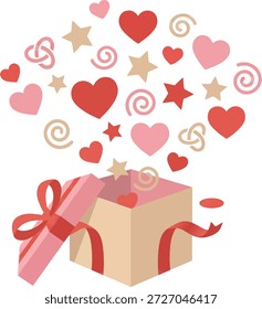 Ilustración vectorial plana romántica de una caja de regalo abierta de San Valentín con cinta, lanzando corazones flotantes, estrellas, remolinos y Elementos de amor decorativos.