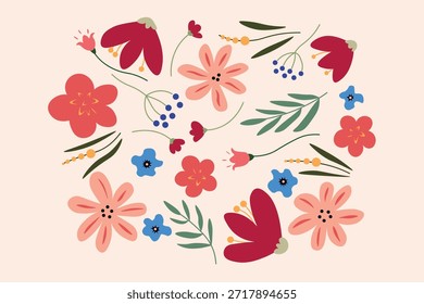 Cartel romántico de Vector plano con flores en tonos rosas y rojos. Composición floral suave con un sentimiento cálido y amoroso. Perfecto para tarjetas de San Valentín, carteles, arte de la pared, regalos y diseños románticos.