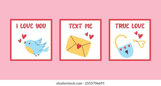 Romantic Flat Vector Valentine's Day Cards Set. Flat Vector Style, bird, envelope with love letter, lock and keys.