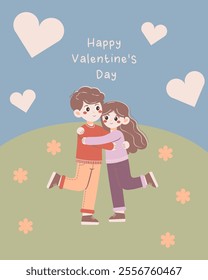 Romantic flat-style illustration of a couple hugging and smiling on a grassy hill with flowers and hearts. Perfect for Valentine's Day cards, love-themed designs, and celebrations of affection.