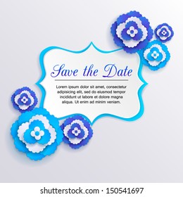 Romantic floral background with 3d blue paper flowers and place for text