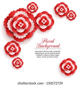  Romantic floral background with 3d red paper flowers and place for text