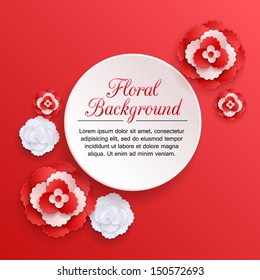 Romantic floral background with 3d white and red paper flowers and place for text