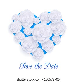 Romantic floral background with 3d white paper flowers over blue heart and place for text