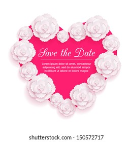 Romantic floral background with 3d white paper flowers over heart and place for text