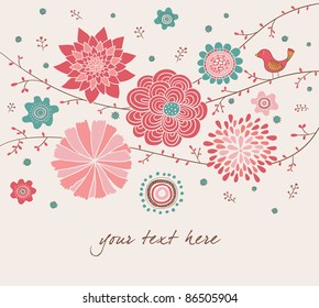 Romantic Floral Background with Bird. Valentine's Day Design.
