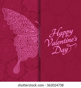 Romantic floral background with butterfly and place for your text. Pattern with flowers and ladybug at the back. Colorful detailed illustration. 