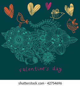 Romantic floral background with cartoon birds