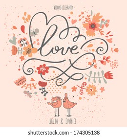 Romantic floral background with cute birds. Stylish wedding invitation card in pink colors