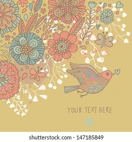 Romantic floral background with flying bird. Autumn vector card. Template with place for text.