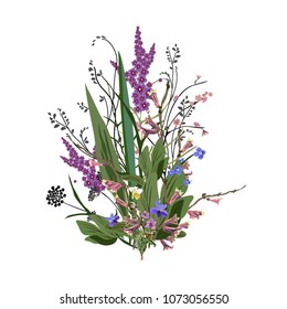 Romantic floral bouquet of small field and garden flowers and herbs. Vector. It can be used for stylish greeting cards, packages, textiles, t-shirts, tiles. Print on a white background.
