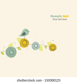 Romantic floral card with bird on a branch of flowers