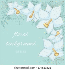 Romantic floral card with a branch of orchids. No transparency. No gradients.