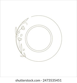 Romantic floral circle frame elegant line art decorative element for logo vector illustration. Monochrome contoured round border with botanical flower blossom natural plant for wedding emblem design