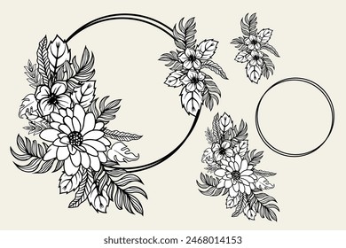 Romántico marco de círculo floral. Elementos de diseño dibujados a mano. Ilustración aislada de Vector.