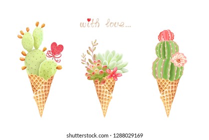 Romantic floral collection with delicate succulents, cacti, flowers and heart decor in waffle cone ice cream, vector holiday illustration. Invite template on white background for your design. 