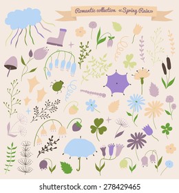 Romantic floral collection. Set of spring rain. Vintage vector elements for design.