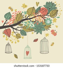Romantic floral composition in vector. Bright leafs and flowers on stylish branch. Freedom concept background with empty cages