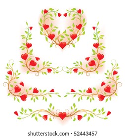 Romantic floral decorative elements with hearts
