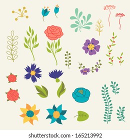 Romantic floral elements various flowers in retro style.