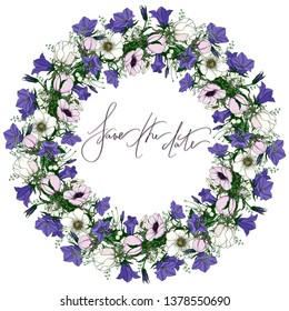 romantic floral frame with amenones lily of the valley bell flowers and lettering i love you isolated