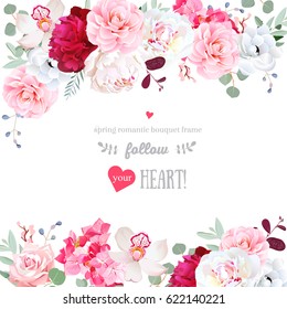 Romantic floral frame arranged from burgundy red and white peony, pink rose, camellia, hydrangea, anemone, orchid. Beautiful wedding vector design. All elements are isolated and editable