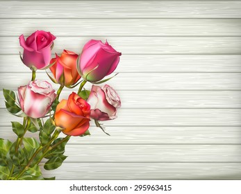 Romantic floral frame background. Valentines day background. Roses on wooden background. EPS 10 vector file included