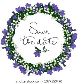 romantic floral frame with bellflowers lily of the valley and lettering save the date