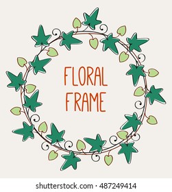 romantic floral frame, circle frame vector, isolated illustration with round floral wreath on pale background, with place for text