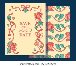 Romantic floral frame with copy space. Engagement card or invitation template Features roses, ribbons, and a key and lock motif for a love themed celebration design