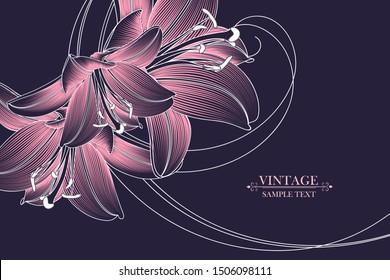 Romantic floral frame with hand-drawn abstract lily flowers on a purple background. Lovely invitation to the wedding ceremony, celebration.