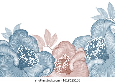 Romantic floral frame with hand-drawn abstract camelia flowers on a white background. Lovely invitation to the wedding ceremony, celebration.