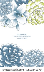 Romantic floral frame with hand-drawn abstract lily and dahlia flowers on a white background. Lovely invitation to the wedding ceremony, celebration.