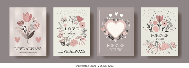 Romantic floral greeting card set in pastel tones, featuring flowers, hearts, and elegant typography. Perfect for Valentine's Day, anniversaries, weddings, and love themes. Soft beige, pink, gray pale