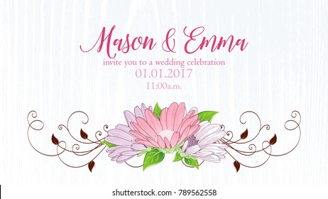Romantic floral greeting card with Valentine's Day. Invitation with camomile flowers for the wedding, birthday, holiday.