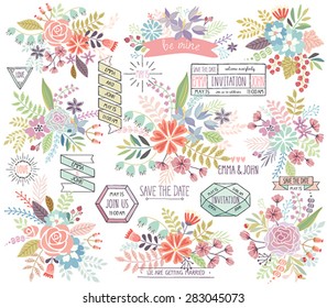 Romantic Floral Hand Drawn Set. Vector Illustration.