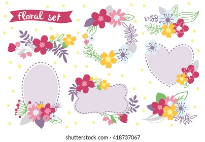 Romantic Floral hand drawn set. Vector illustration with frames. Wedding design