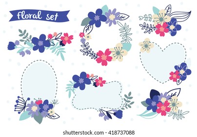 Romantic Floral hand drawn set. Vector illustration with frames. Wedding design