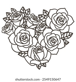 Coração Floral Romântico - Design Preto e Branco, Ilustração Vetorial.