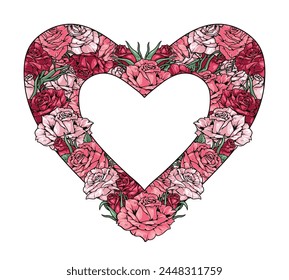 Romantic floral heart colorful sticker with rose buds forming frame for photo of bride and groom vector illustration